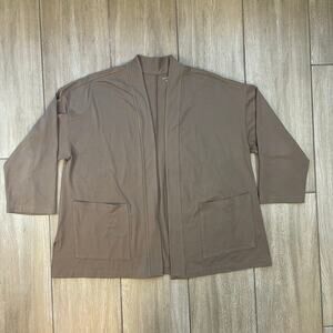 Eileen Fisher Organic Cotton Open Front Cardigan XL Taupe Lightweight Pockets